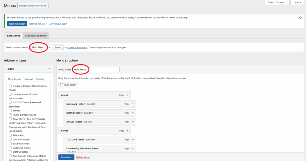 Classic Menu editor in WordPress with the selected menu name highlighted