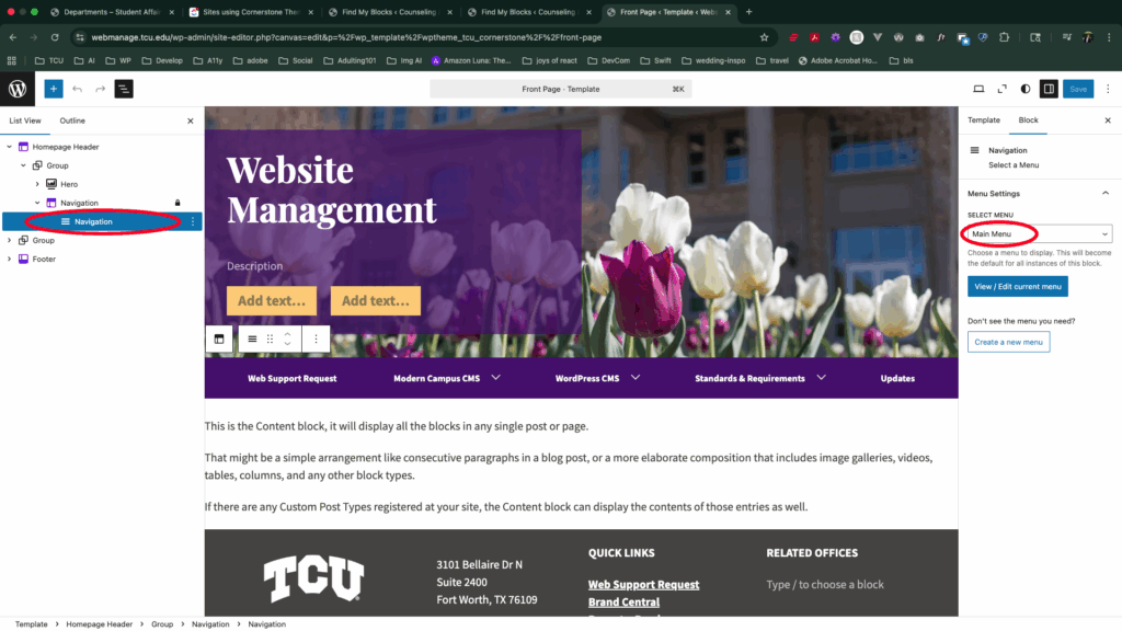WordPress editor showing the Navigation block selected on the page. In the right-hand block settings panel, the dropdown menu displays the currently selected menu.
